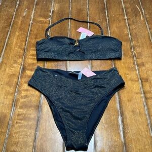 CUPSHE Two Piece Bathing Suit - NWT's -Black with Gold Shimmer - Med Bot/Lg Top